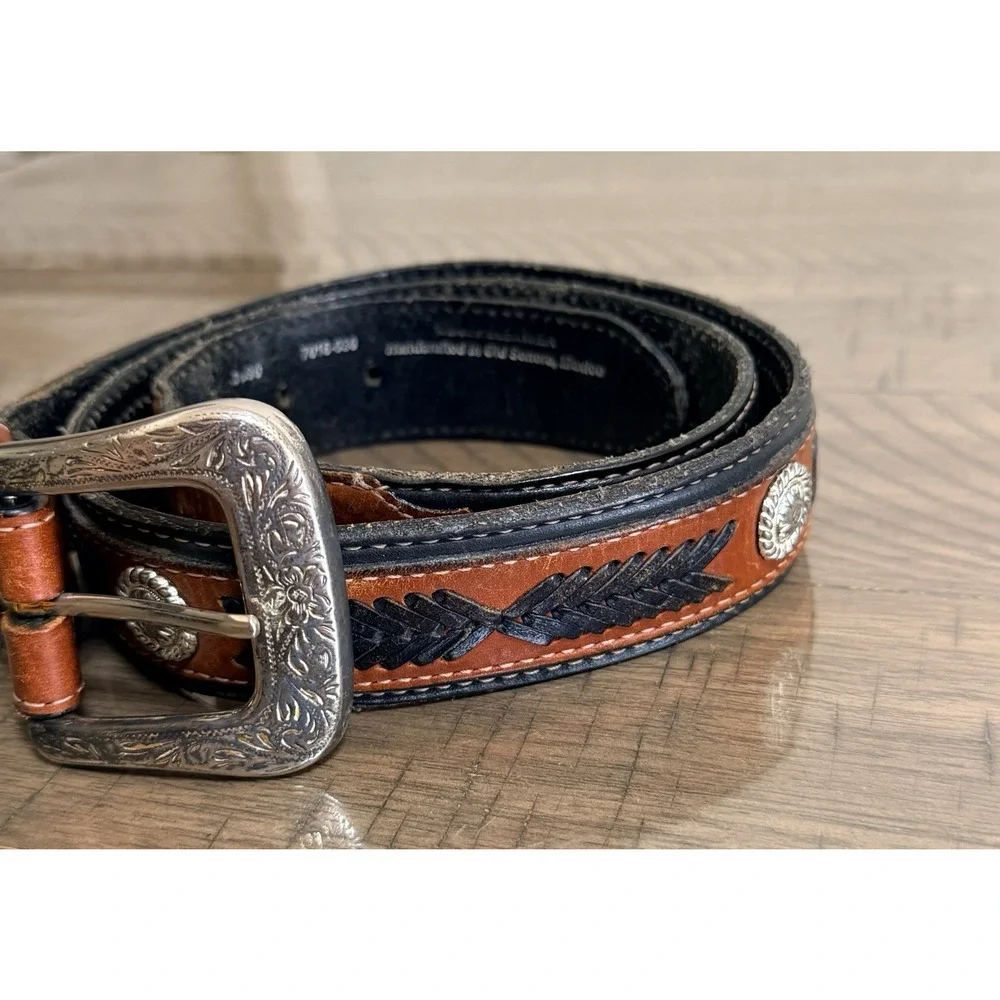 Bench Leather Western Tooled Concho Leather Belt Handcrafted Mexico Brown